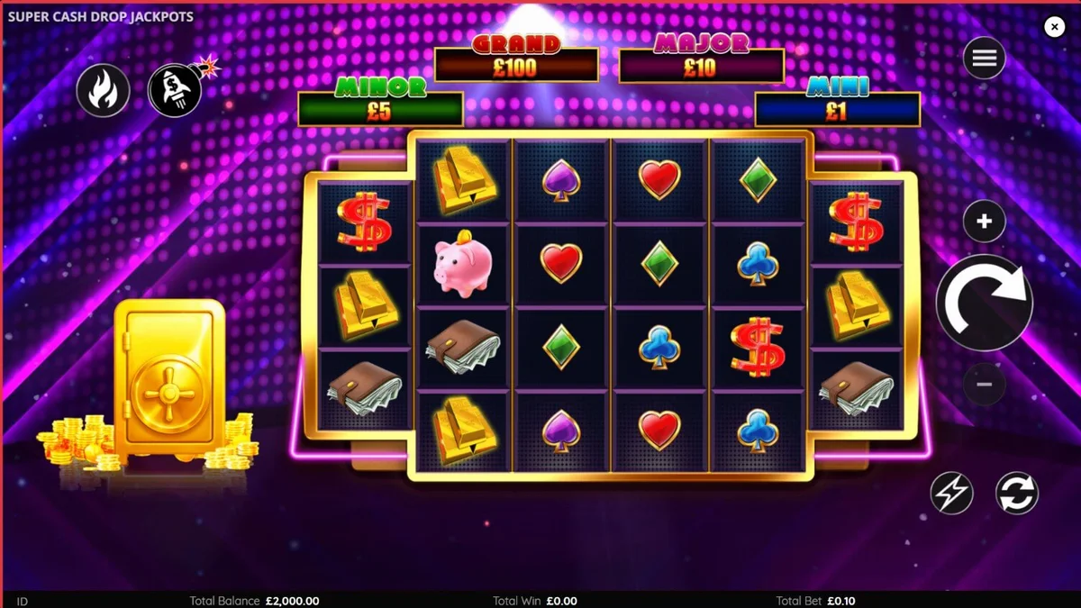 Tampilan layar permainan slot Super Cash Drop Jackpots dengan tema brankas neon