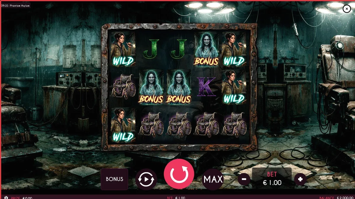 Visual horor psikologis dari slot Phantom Asylum dengan latar belakang rumah sakit jiwa yang mencekam.
