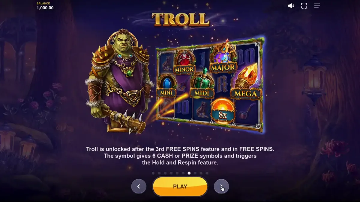 Pemandangan hutan fantasi mistis dengan karakter Dwarf, Elf, dan Troll di slot Land of Riches