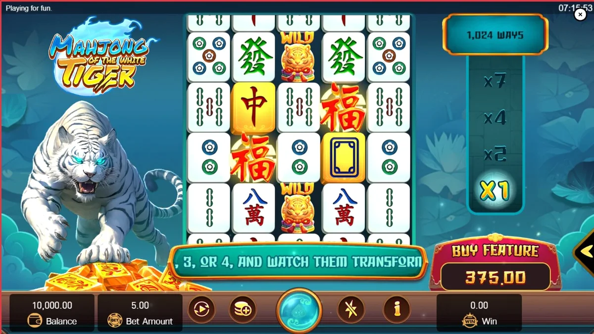 Tampilan visual slot Mahjong of the White Tiger dengan nuansa emas dan teal