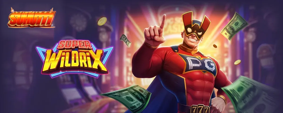 Tampilan antarmuka seluler slot Super Wildrix dengan tema pahlawan super neon